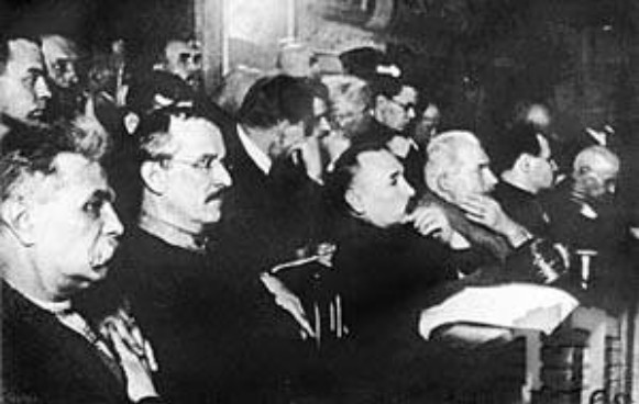 Image -- The accused at the trial of the ficticious Union for the Liberation of Ukraine (1930).