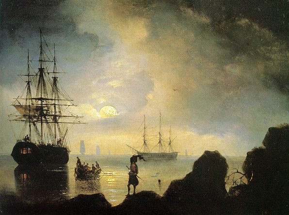 Image -- Ivan Aivazovsky: Moonlight on the Crimean Coast (1836).