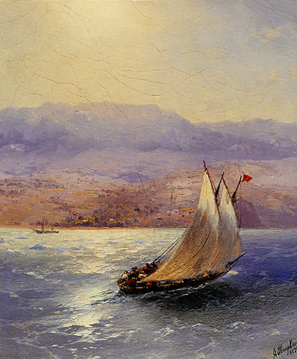 Image -- Ivan Aivazovsky: Sailing Barge in the Crimea with the Alupka Palace in the Distance (1890)