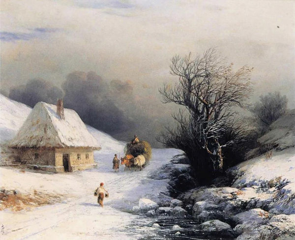 Image -- Ivan Aivazovsky: Ukrainian Oxcart in Winter (1866).