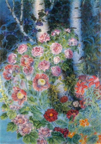 Image -- Kateryna Bilokur: Flowers and Birches (1934).