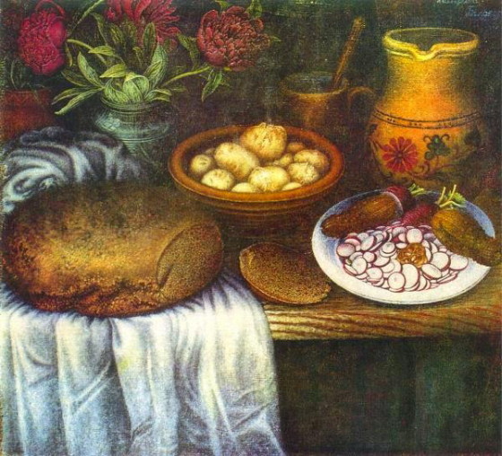 Image -- Kateryna Bilokur: Still Life Breakfast (1950).