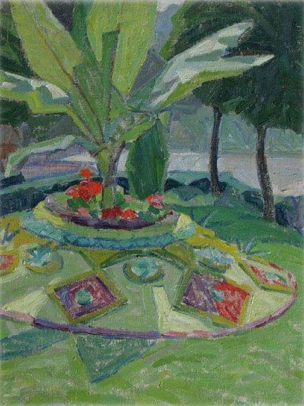 Image -- Oleksander Bohomazov: Landscape with Palm Trees and Flower Bed (1900s)