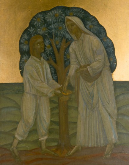 Image -- Mykhailo Boichuk: Two Under a Tree (1910s).