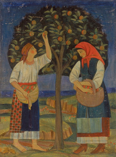 Image -- Tymofii Boichuk: By the Apple Tree (1920).