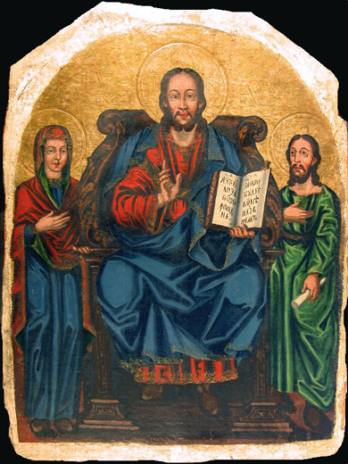 Image -- Illia Brodlakovych (Vyshensky): The icon of Christ the Teacher with Mother of God and John the Baptist.