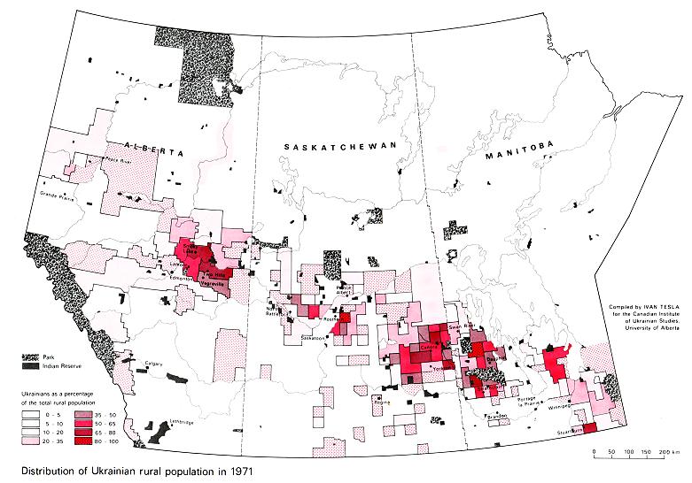 Image -- Map (3 of 3): Distribution of Ukrainian Rural Population in the Prairie Provinces of Canada in 1971.