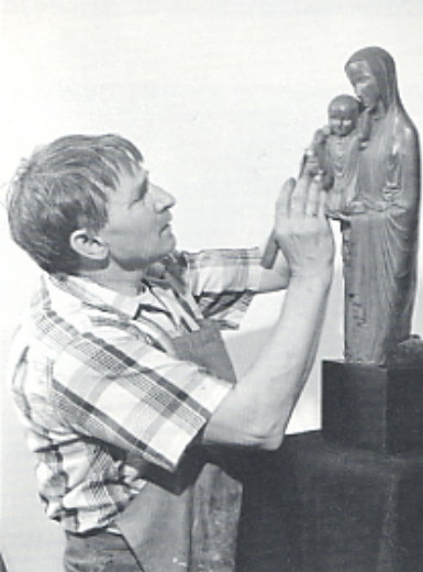 Image -- Mykhailo Chereshnovsky working on Kneeling Madonna (New York, 1955).