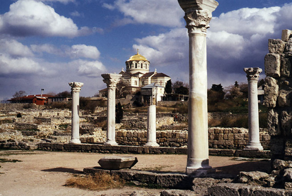 Image -- The ruins of Chersonese Taurica (with the Church of Saint Volodymyr) near Sevastopol in the Crimea.