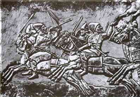 Image -- Cimmerian mounted warriors on a Nimrud bas-relief.