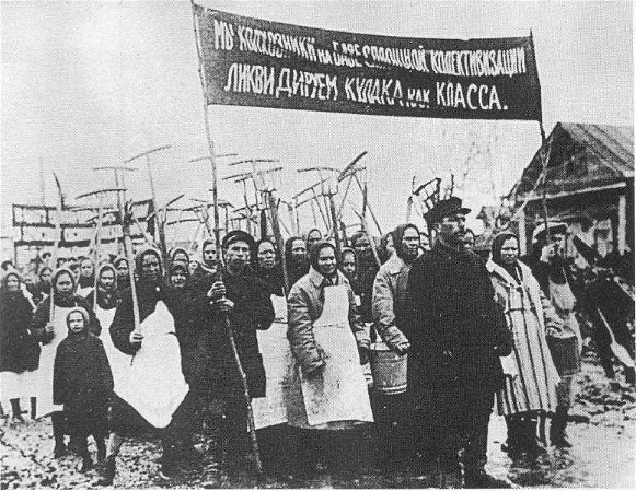 Image -- A propaganda photograph depicting collective farm members who promote the collectivization and anti-kulak campaign.