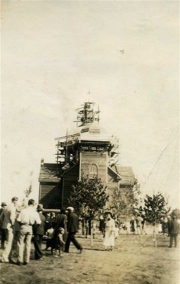 Image -- Construction of the Holy Trinity Church in Hafford, Saskatchewan (1931) (photo, courtesy of the Ukrainian Museum of Canada, Saskatoon Branch).