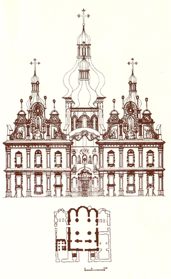 Image -- The Dormition Cathedral of the Kyivan Cave Monastery (floor plan and western facade).