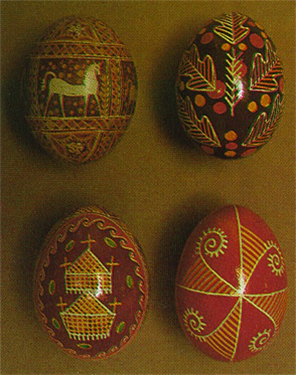 Image -- Ukrainian Easter eggs (from left to right, top then bottom): Hutsul region, Pokutia, Hutsul region, Transcarpathia.