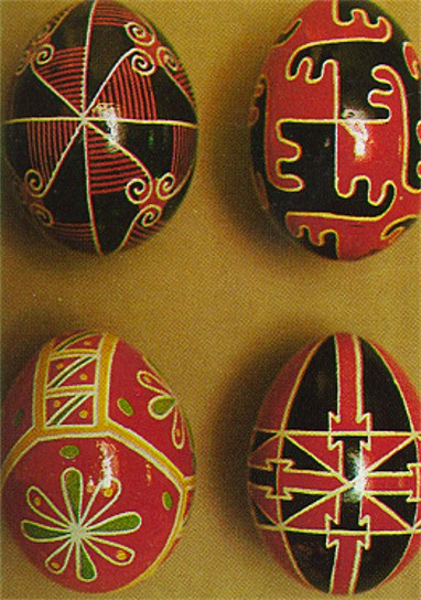 Image -- Ukrainian Easter eggs (from left to right, top then bottom): Kyiv region, eastern Podilia, Odesa region, Kherson region.