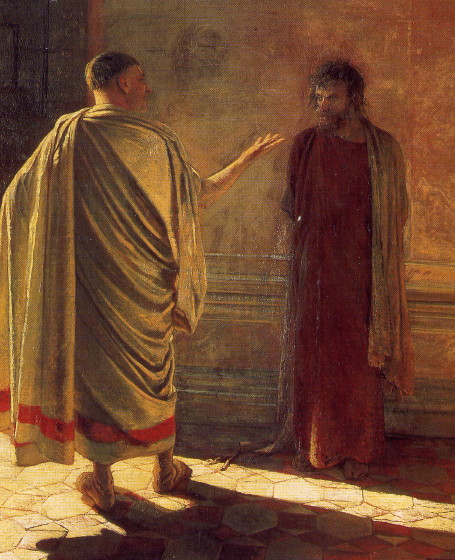 Image -- Mykola Ge: What is Truth? Christ and Pilat (1890).