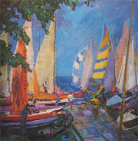 Image -- Mykola Hlushchenko: Boats in a Haven (1975).