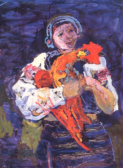 Image -- Mykola Hlushchenko: A Hutsul Woman with Rooster (1962).