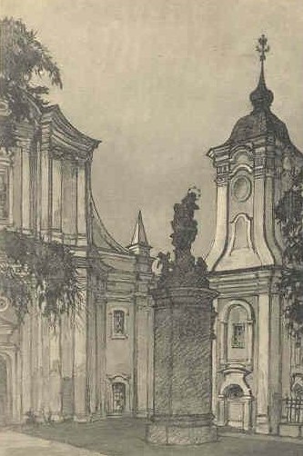 Image -- St. Joseph's Roman Catholic Church in Iziaslav (postcard, 1913).