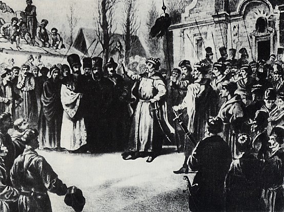 Image -- Bohdan Khmelnytsky speaks to Cossacks at Pereiaslav in 1654.