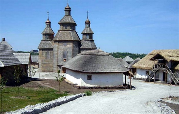 Image -- The church in the reconstructed Zaporozhian Sich complex on the Khortytsia Island.