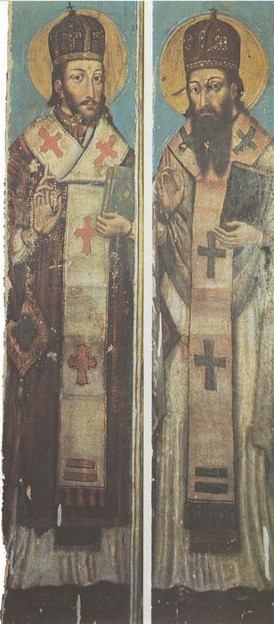 Image -- Yov Kondzelevych: Icon of St. John Chrysostom and St. Basil the Great from the village of Horodyshche in Volhynia (late 17th century).