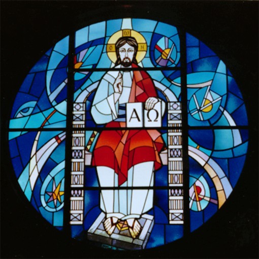 Image -- Roman Kowal: Christ Enthroned, stained glass, 1960s, Saint Andrews Church, Winnipeg, Manitoba.