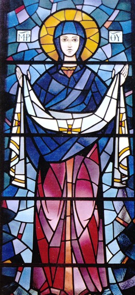 Image -- Roman Kowal: Saint Mary the Protectress, stained glasss window, 1966. Church of the Blessed Virgin Mary, Winnipeg, Manitoba.