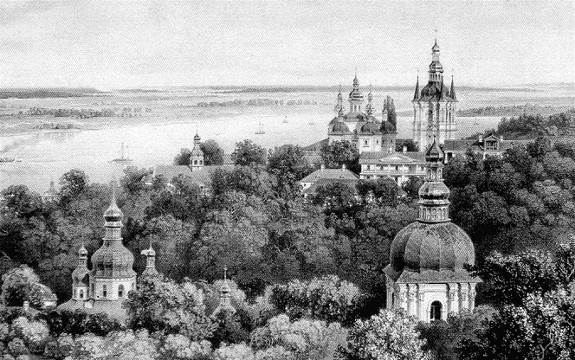 Image -- Panorama of the Kyivan Cave Monastery on a 19th-century lithograph.