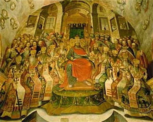 Image -- Fresco depicting the Council of Nicea at the Trinity Church of the Kyivan Cave Monastery (Kyivan Cave Monastery Icon Painting Studio, 1730-40).