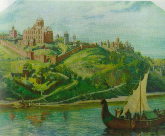 Image -- View of the Kyivan Cave Monastery in the 13th century (painting by V. and A. Masyk, 1974).