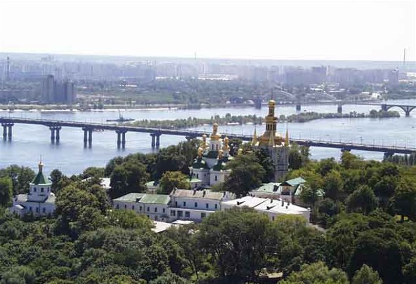 Image -- Kyivan Caves Monastery: panorama of the Far Caves area and the Dnieper River.