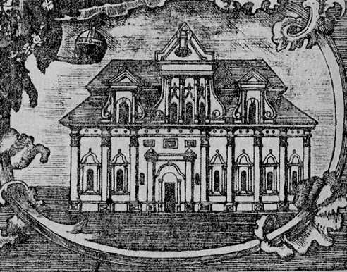 Image -- Copper etching of the building of the Kyivan Cave Monastery Press (1758).