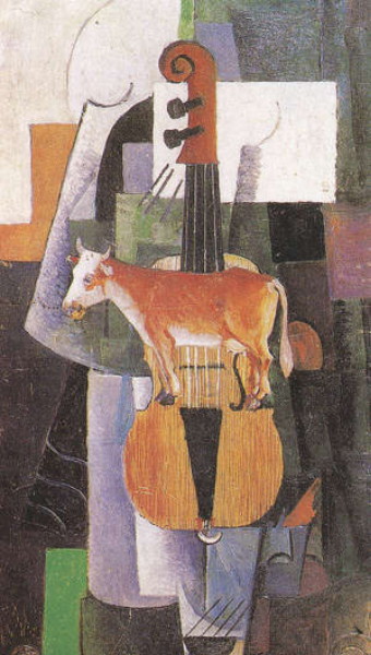 Image -- Kazimir Malevich: A Cow and a Violin (1913).