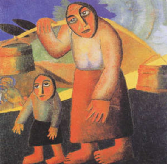 Image -- Kazimir Malevich: A Village Woman with Pails and Child (1912).