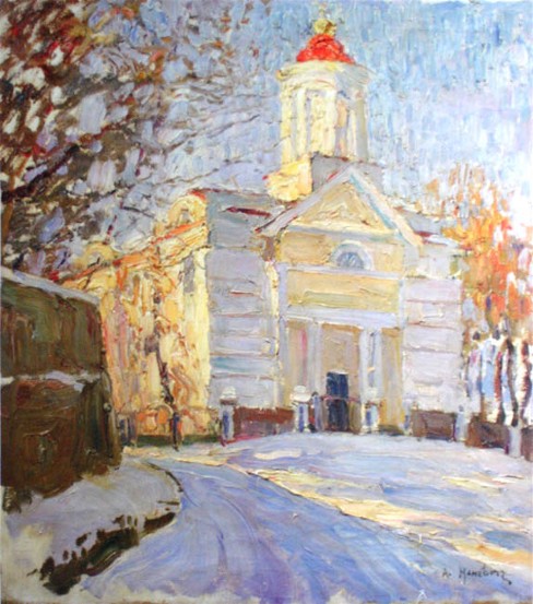 Image -- Abram Manevich: Winter Landscape with a Church (1900s).