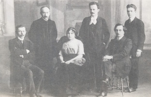 Image -- Some members of Moloda Muza. Sitting (l-r): Volodymyr Birchak, Neonilia Pachovska, Ivan Kosynin; standing, Mykhailo Yatskiv, Vasyl Pachovsky, Mykhailo Strutynsky.