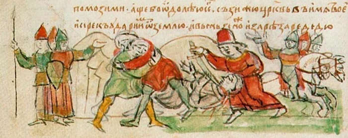 Image -- The duel of Mstyslav Volodymyrovych with Rededia (from the Radziwill Manuscript).