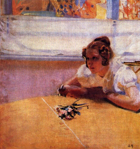 Image -- Oleksander Murashko: A Girl at a Table (1910).