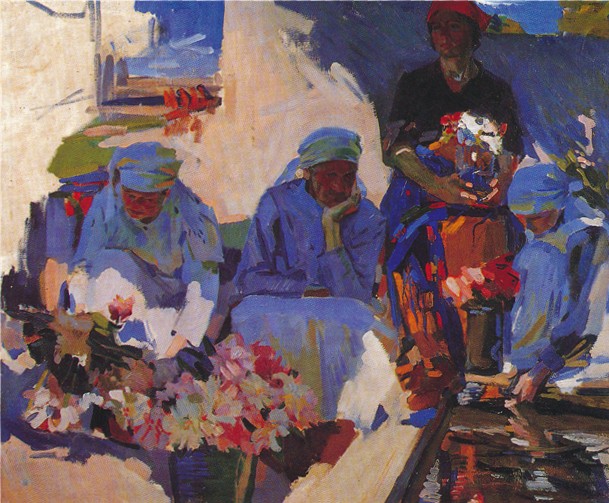 Image -- Oleksander Murashko: Flower Sellers (1917).