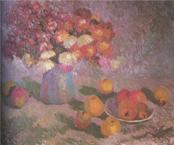 Image -- Mykola Nedilko: Flowers and Apples (1947).