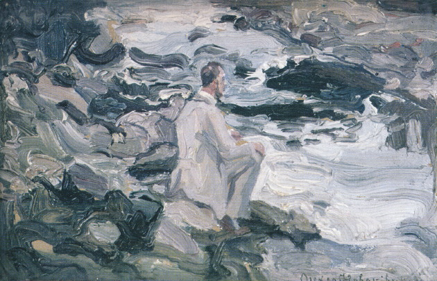 Image -- Oleksa Novakivsky: At a Stream: Poet Sitting on Stones (1921).
