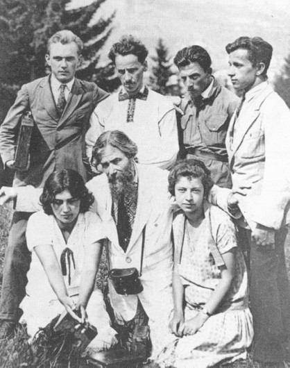 Image -- Oleksa Novakivsky with Novakivsky Art School students in the Carpathians. (Standing in the back row: Bobynsky, Hryhorii Smolsky, Mykhailo Moroz, and Stepan Lutsyk.