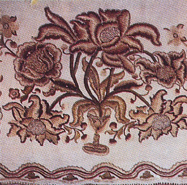 Image -- Ornament: flower and vase motifs embroidered with silk and metallic thread on linen (18th-century Slobidska Ukraine).