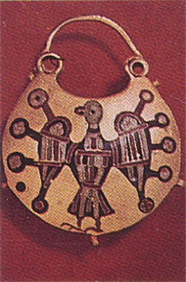 Image -- Ornament: stylized bird on a pendant earring (gold and enamel, 12th- to 13th-century Kyiv).
