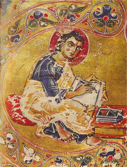 Image -- Ostromir Gospel (1056-57): An illumination of Saint John the Evangelist (detail).