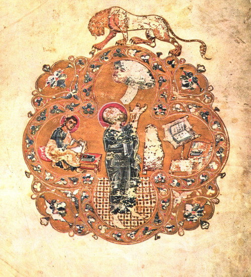 Image -- Ostromir Gospel (1056-57): An illumination of Saint John the Evangelist.