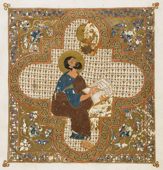Image -- Ostromir Gospel (1056-57): An illumination of Saint Mark the Evangelist.