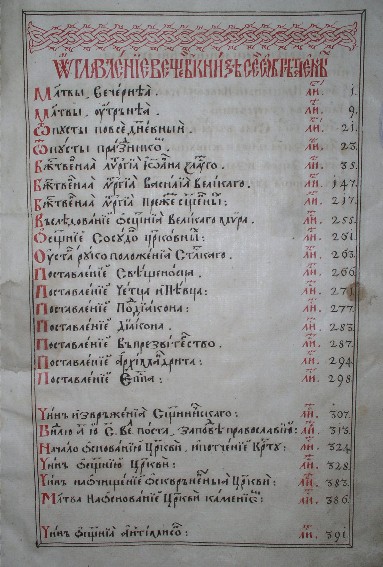 Image -- The Table of Contents in Petro Mohyla's Sluzhebnyk i Trebnyk (1632 edition) (held at the Vernadsky National Library in Kyiv).