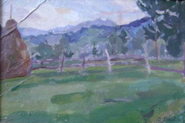 Image -- Olha Pleshkan: Landscape with Haystack (1940s-50s).